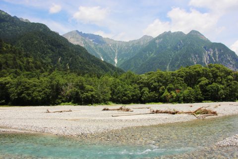 梓川の奥に見える穂高連峰