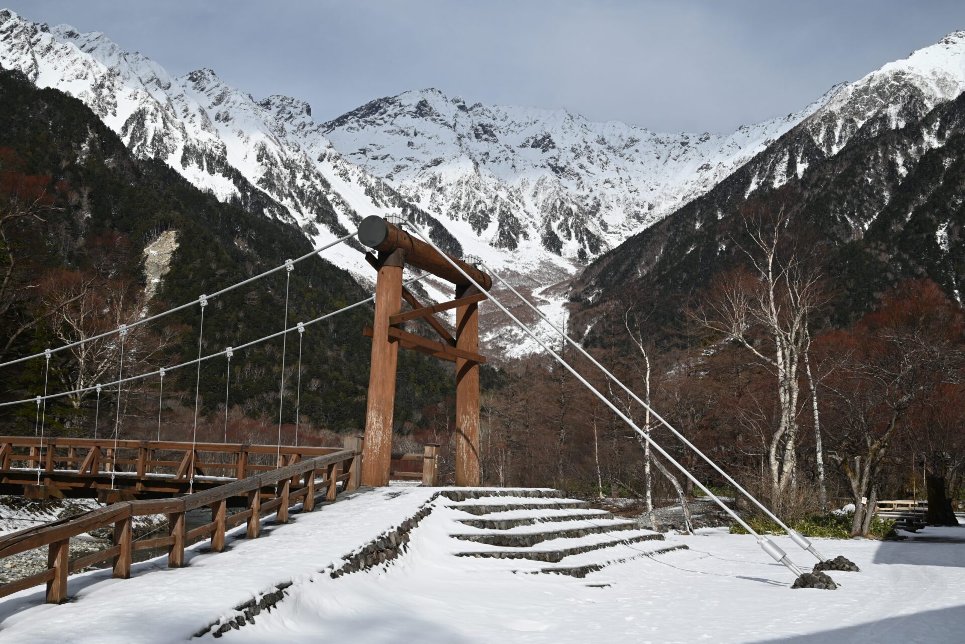 冬の上高地・河童橋と穂高連峰
