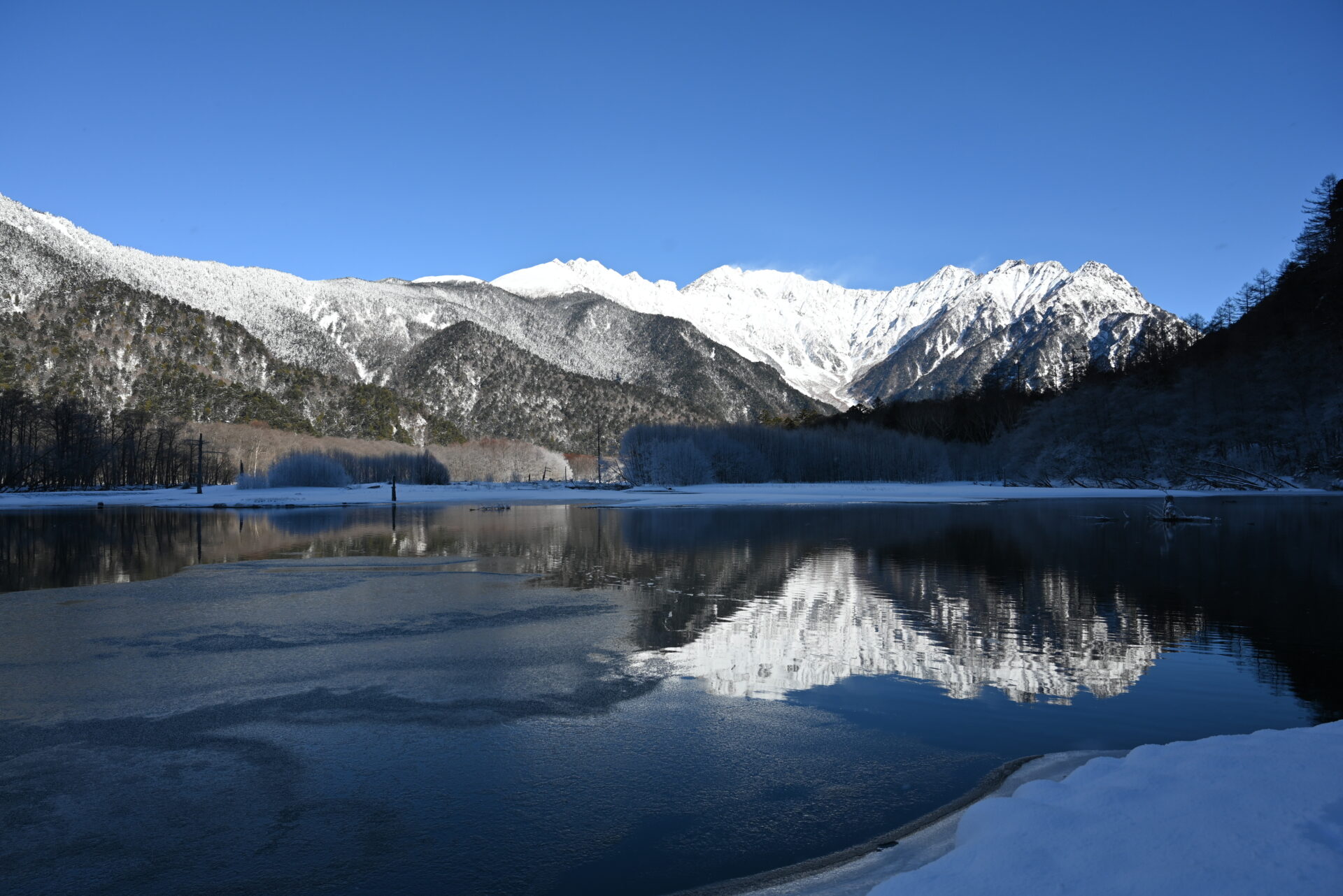 冬の上高地・雪景色の穂高連峰と大正池
