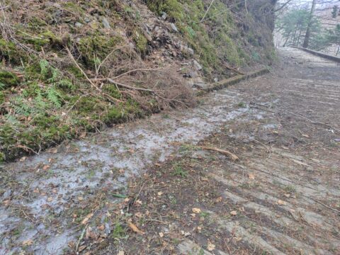 4月の上高地の遊歩道の端の部分に残った氷